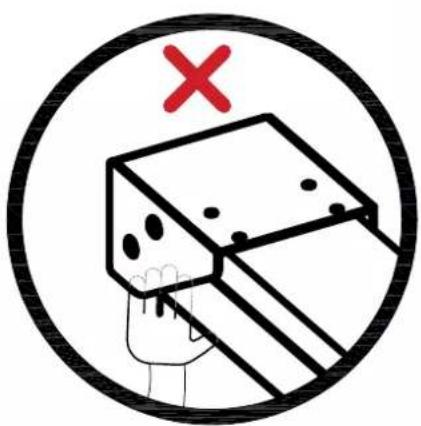 Warning symbol with a hand holding a computer and a red 'X' above it, indicating no text or symbols beyond the warning.
