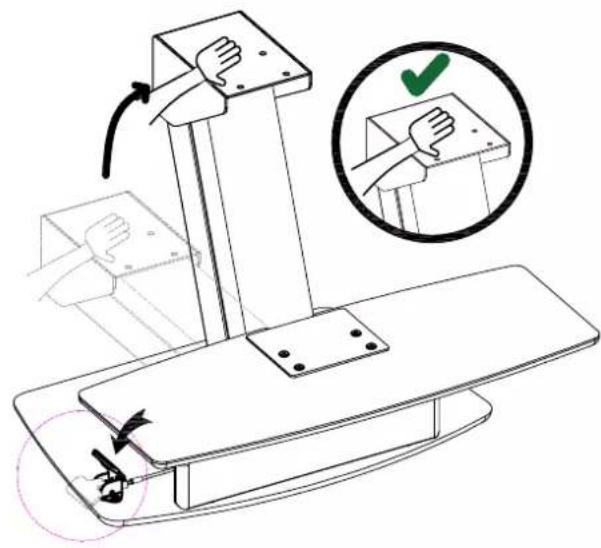 Technical diagram showing hand positioning and alignment instructions on a mechanical device, with magnified detail highlighting the correct state.