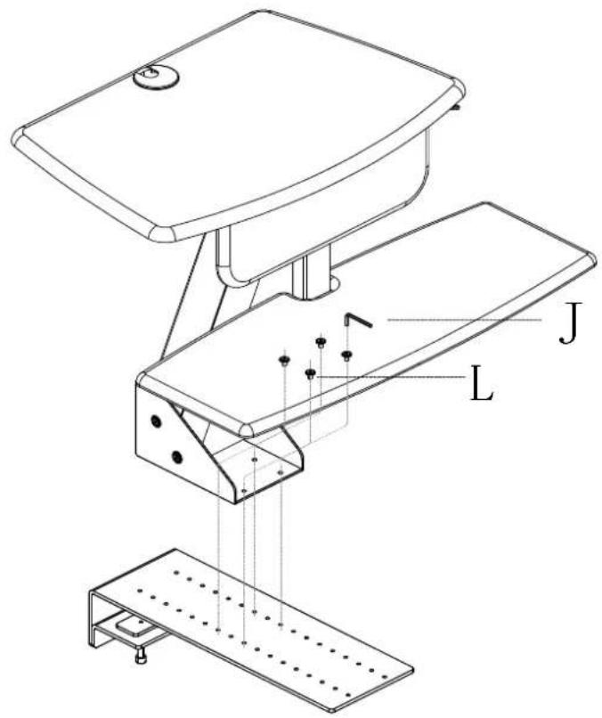 Technical diagram of a mechanical device with labeled components J and L, showing assembly steps and mounting base.