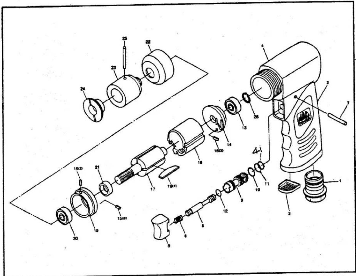 Exploded view diagram of a mechanical device with numbered parts for identification