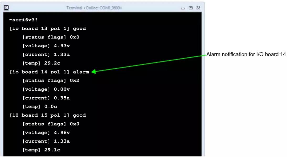 ~scri6v3! [io board 13 pol 1] good [status flags] 0x0 [voltage] 4.93v [current] 1.33a [temp] 29.2c [io board 14 pol 1] alarm [status flags] 0x2 [voltage] 0.00v [current] 0.35a [temp] 0.0c [10 board 15 pol 1] good [status flags] 0x0 [voltage] 4.96v [current] 1.33a [temp] 29.1c