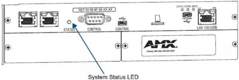 NET 00 60 9F 8X XX XX STATUS CONTROL CONTROL STATUS OUTPUT INPUT LAN 100/1000 System Status LED AMX Cherry, WA USA, 533-225-205M