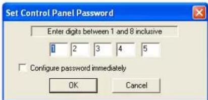Set Control Panel Password Enter digits between 1 and 8 inclusive 1 2 3 4 5 Configure password immediately OK Cancel