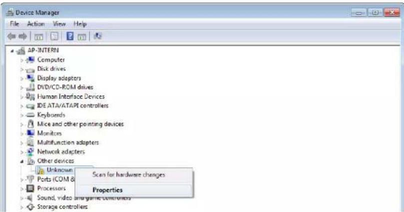 Device Manager File Action View Help AP-INTERN Computer Disk drives Display adapters DVD/CD-ROM drives Human Interface Devices IDE ATA/ATAPI controllers Keyboards Mice and other pointing devices Monitors Multifunction adapters Network adapters Other devices Unknown Ports (COM & Processors Sound, video and game controllers Storage controllers Scan for hardware changes Properties
