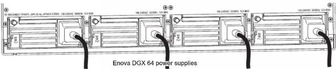 TO DISCONNECT POWER, UNPLUG ALL POWER CINDS, 100-240VAC 50/50Hz 12A MAX 100-240VAC 50/50Hz 12A MAX 100-240VAC 50/50Hz 12A MAX Enova DGX 64 power supplies