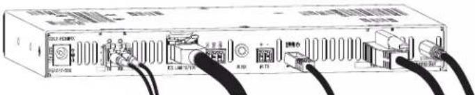 Diagram of a network device rear panel with labeled ports and cables, showing internal components like switches, connectors, and memory.