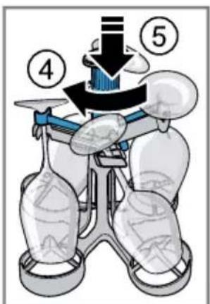Diagram illustrating a mechanical or robotic device with numbered components and directional arrows indicating motion or assembly.