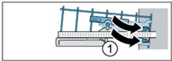 Diagram showing mechanical assembly with labeled component '1' and directional arrows indicating motion or force