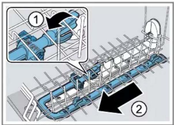 Technical diagram showing a mechanical assembly with labeled steps ① and ②, including a magnified inset of the component.