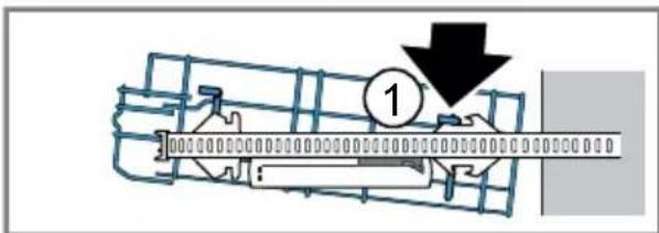 Technical diagram showing a mechanical assembly with labeled component '1' and directional arrow indicating motion or force.