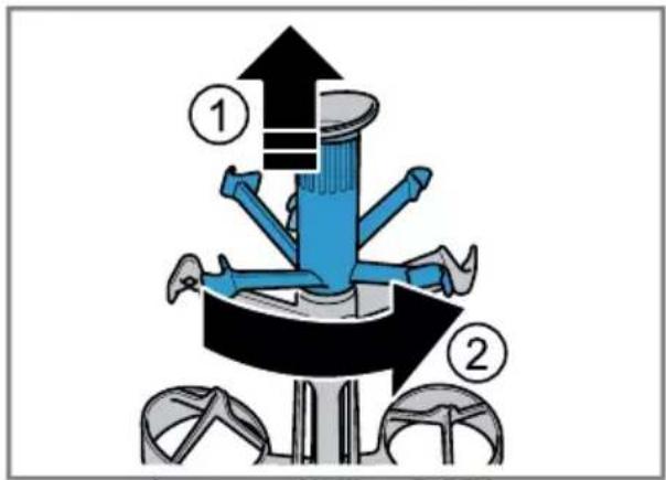 Diagram illustrating a mechanical or robotic device with numbered components and directional arrows, likely representing motion or assembly.