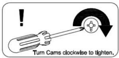 Turn Cams clockwise to tighten.