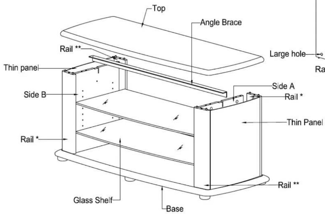 Top Angle Brace Rail ** Thin panel Side B Rail * Glass Shelf Base Side A Rail * Large hole Ra Thin Panel Rail **