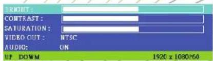 RIGHT: CONTRAST: SATURATION: VIDEO OUT: AUDIO: ON UP DOWN 1920 x 1080*60