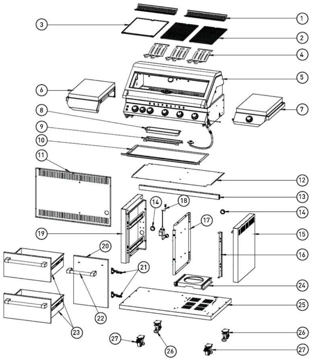 Exploded view diagram of a household appliance with numbered parts for identification