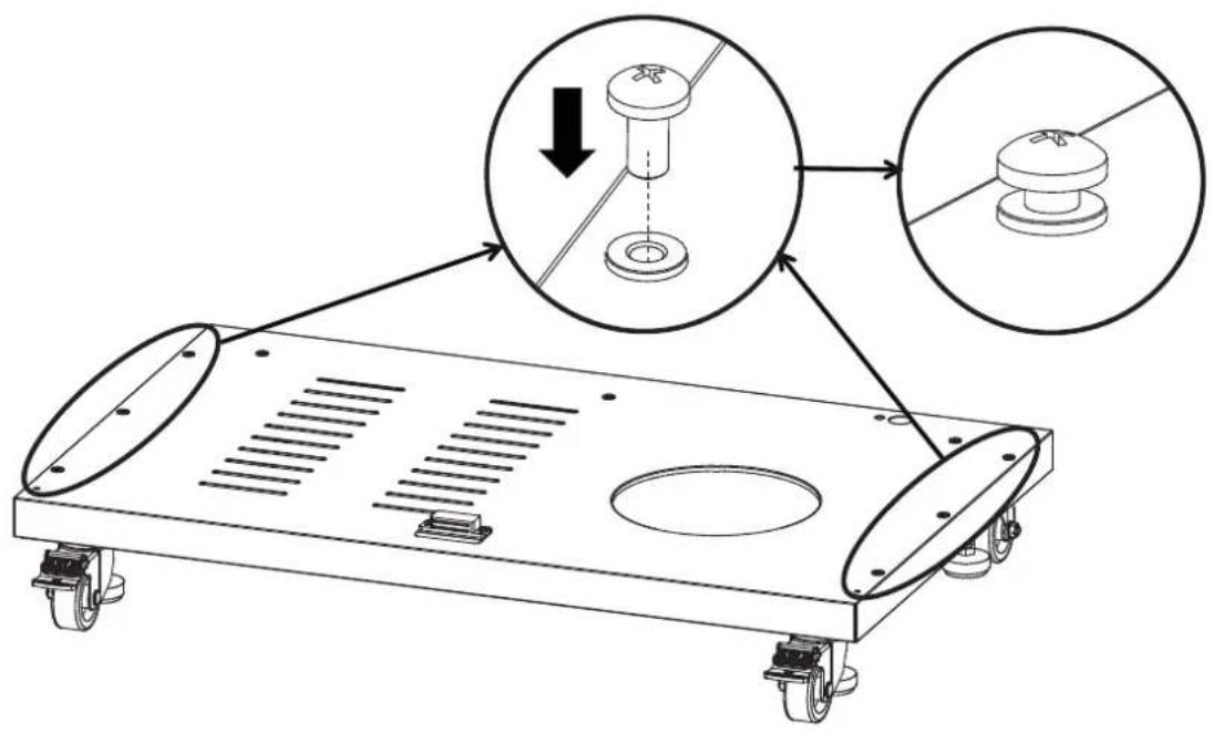 Technical diagram showing a mechanical component with labeled parts and two circular insets illustrating the assembly process.