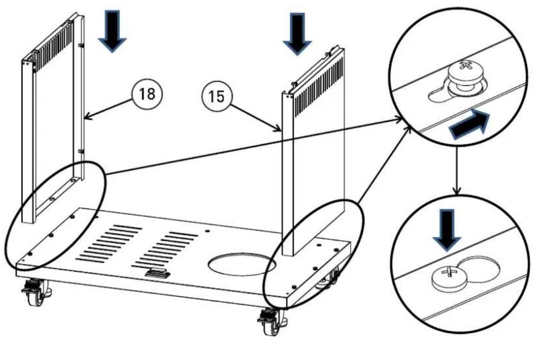 Technical diagram showing mechanical assembly steps with numbered components and directional arrows indicating motion or assembly.
