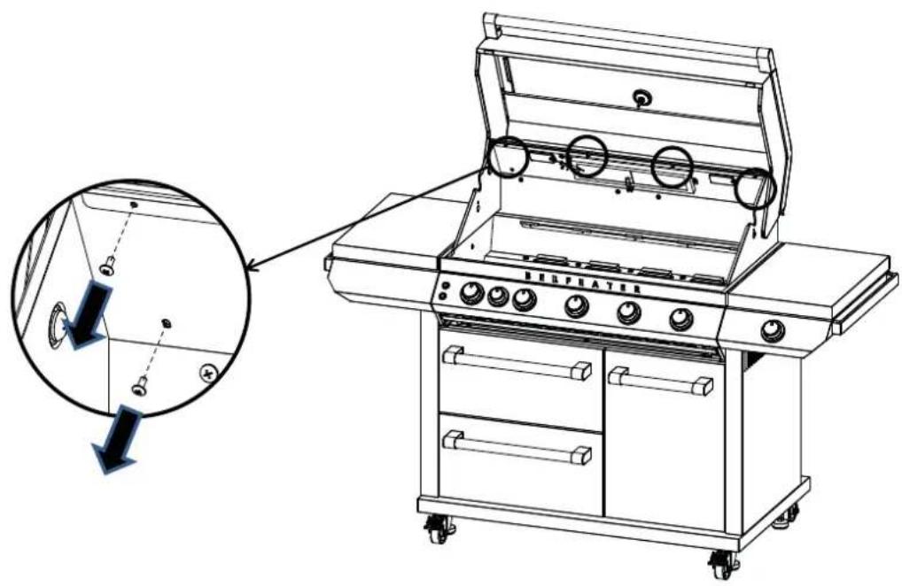 Technical diagram of a gas stove with labeled components and a magnified inset showing internal components with arrows indicating motion.