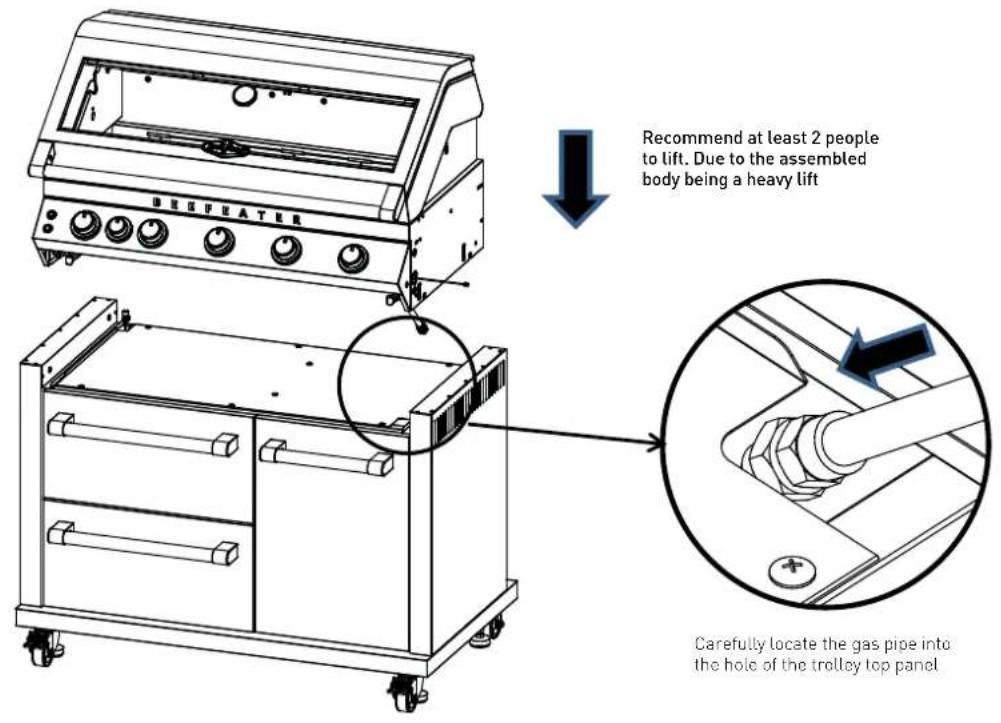 SEFEATER Recommend at least 2 people to lift. Due to the assembled body being a heavy lift Carefully locate the gas pipe into the hole of the trolley top panel