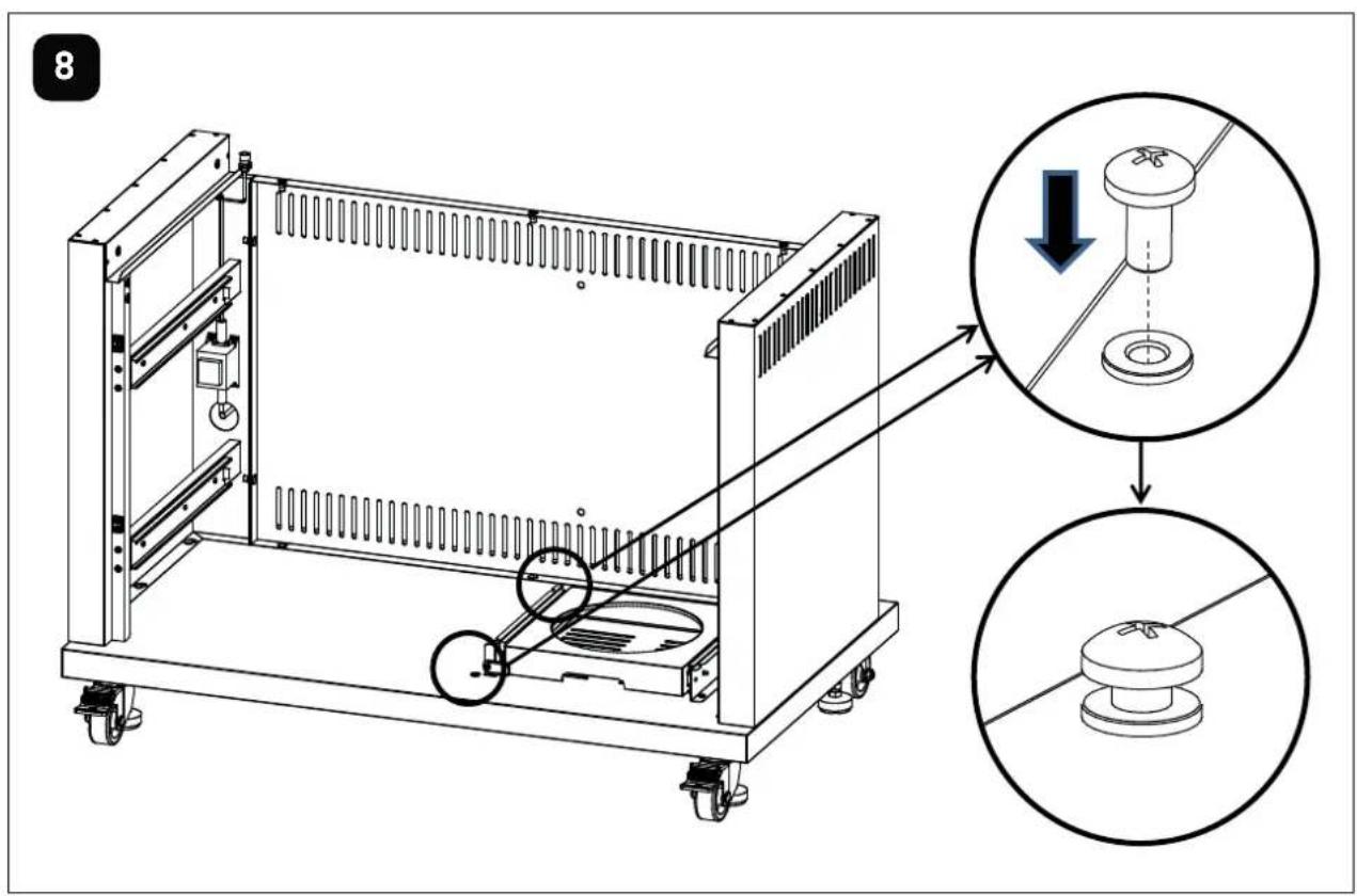 Technical diagram of a mechanical device with labeled components and a magnified inset showing the assembly process.