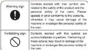 Warning sign Contents marked with that symbol are related to the safety of the product and the personal safety of the user. Please operate in strict conformity to the contents. otherwise, if may cause damage of the machine or endanger the personal safety of the user. Forbidding sign Contents marked with that symbol are actions forbidden to perform. Performing of these actions may result in damage of the machine or endanger the personal safety of the user.