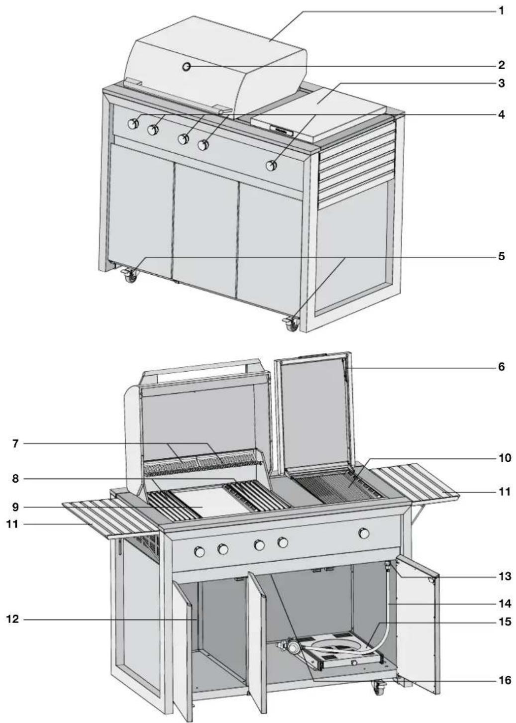 Technical diagram of a portable stove with numbered components for identification
