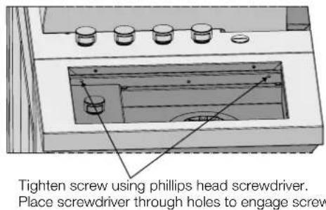 Tighten screw using phillips head screwdriver. Place screwdriver through holes to engage screw