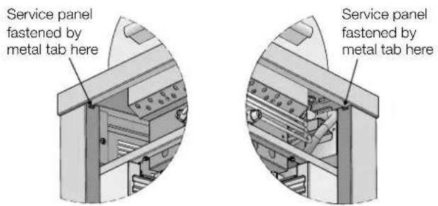 Service panel fastened by metal tab here Service panel fastened by metal tab here