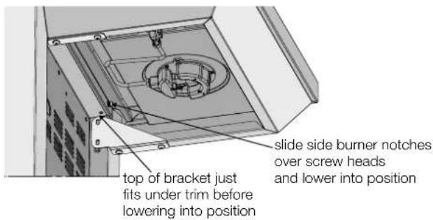 top of bracket just fits under trim before lowering into position slide side burner notches over screw heads and lower into position