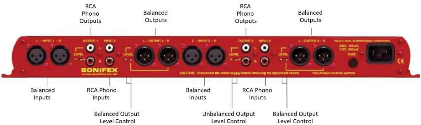 RCA Phono Outputs Balanced Outputs RCA Phono Outputs Balanced Outputs L - INPUT 1 - R OUTPUT 1 INPUT 2 L - OUTPUT 2 - R L - INPUT 3 - R OUTPUT 3 INPUT 4 L - OUTPUT 4 - R RCA Phono Inputs BALanced Inputs Unbalanced Output Level Control BALanced Output Level Control BALanced Output Level Control BONIFEX www.sonifex.co.uk CAUTION: Disconnect the mains supply before removing the equipment covers. This product must be earthed 230V 100mA 115V 200mA FUSE CE