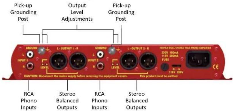 Pick-up Grounding Post Output Level Adjustments Pick-up Grounding Post GROUND L OUTPUT 1 - R GROUND L OUTPUT 2 - R RE PUL DUAL STUDIO NAA PHOEN AMPLIFIER 250V 100mA 118V 200mA FUSE 118V 220V CAUTION: Disconnect the mains supply before removing the equipment covers. This product must be earthed RCA Phono Inputs Stereo Balanced Outputs RCA Phono Inputs Stereo Balanced Outputs