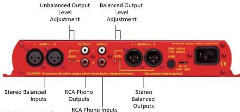 Unbalanced Output Level Adjustment Balanced Output Level Adjustment L - INPUT 1 - R OUTPUT 1 INPUT 2 L - OUTPUT 2 - R PRO-LED BALANCED - UNRAL CONVERTOR 226V 1030mA 115V 200mA FUSE 115V - 226V CAUTION: Disconnect the audio supply before removing the equipment covers. The product must be earthed Stereo Balanced Inputs RCA Phono Outputs Stereo Balanced Outputs RCA Phono Inputs