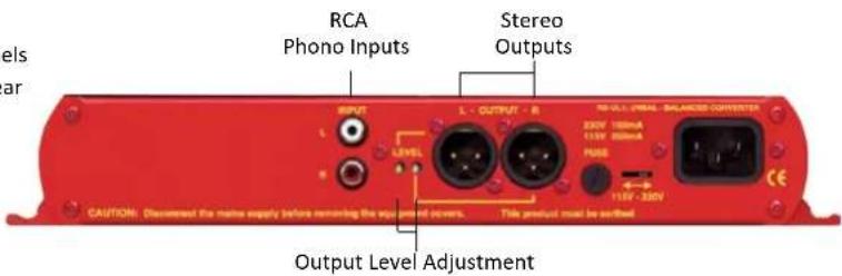 RCA Phono Inputs Stereo Outputs INPUT LEVEL L - OUTPUT - R 30V U/L PHEAL - BALANCED CONTENTS 250V 100mA 115V 100mA PONE 115V - 250V CAUTION: Discontinued the noise supply before removing the output level adjustment. Title product must be proofed Output Level Adjustment