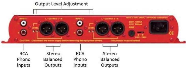 Output Level Adjustment INPUT 1 LEVEL L-OUTPUT 1 - R INPUT 2 LEVEL L-OUTPUT 2 - R RICA Thin, Open - BALANCED CONVERTER 220V 100mA 110V 300mA PURE 110V 230V CAUTION: Disconnected the micro supply before removing the equipment covers. This product must be earthed RCA Phono Inputs Stereo Balanced Outputs RCA Phono Inputs Stereo Balanced Outputs