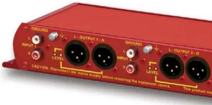 GROUND L·OUTPUT 1·R GROUND L·OUTPUT 2·R INPUT 1 R LEVEL INPUT 2 R LEVEL CAUTION: Disconnect the mains supply before removing the equipment covers. This product must