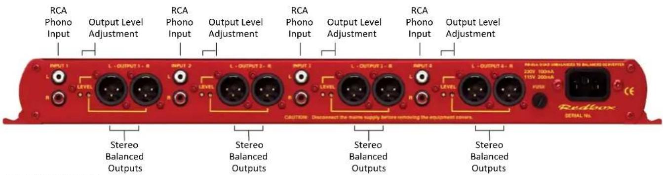 RCA Phono Input Output Level Adjustment RCA Phono Input Output Level Adjustment RCA Phono Input Output Level Adjustment RCA Phono Input Output Level Adjustment INPUT 1 L - OUTPUT 1 - R LEVEL L - OUTPUT 2 - R LEVEL L - OUTPUT 3 - R LEVEL L - OUTPUT 4 - R LEVEL RCA THAD CHILLIADOS TO BALANCED CONVERTER 230V 100nA 115V 200nA PUSH SERIAL NO. Caution: Disconnect the main supply before removing the equipment covers. Stereo Balanced Outputs Stereo Balanced Outputs Stereo Balanced Outputs Stereo Balanced Outputs
