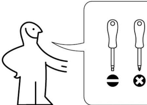 Diagram showing a person pointing to three screwdriver icons with symbols below, indicating selection or warning.