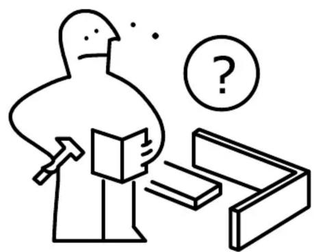 Simple line drawing of a figure with a hammer and pencil, next to a desk with a question mark (no text or symbols)