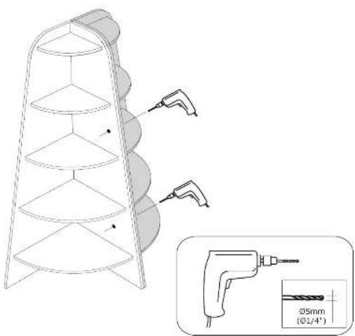 Technical diagram showing a ladder-like structure with multiple tiers and two tool holders, including an inset image of a drill bit labeled Ø5mm (Ø1/4").