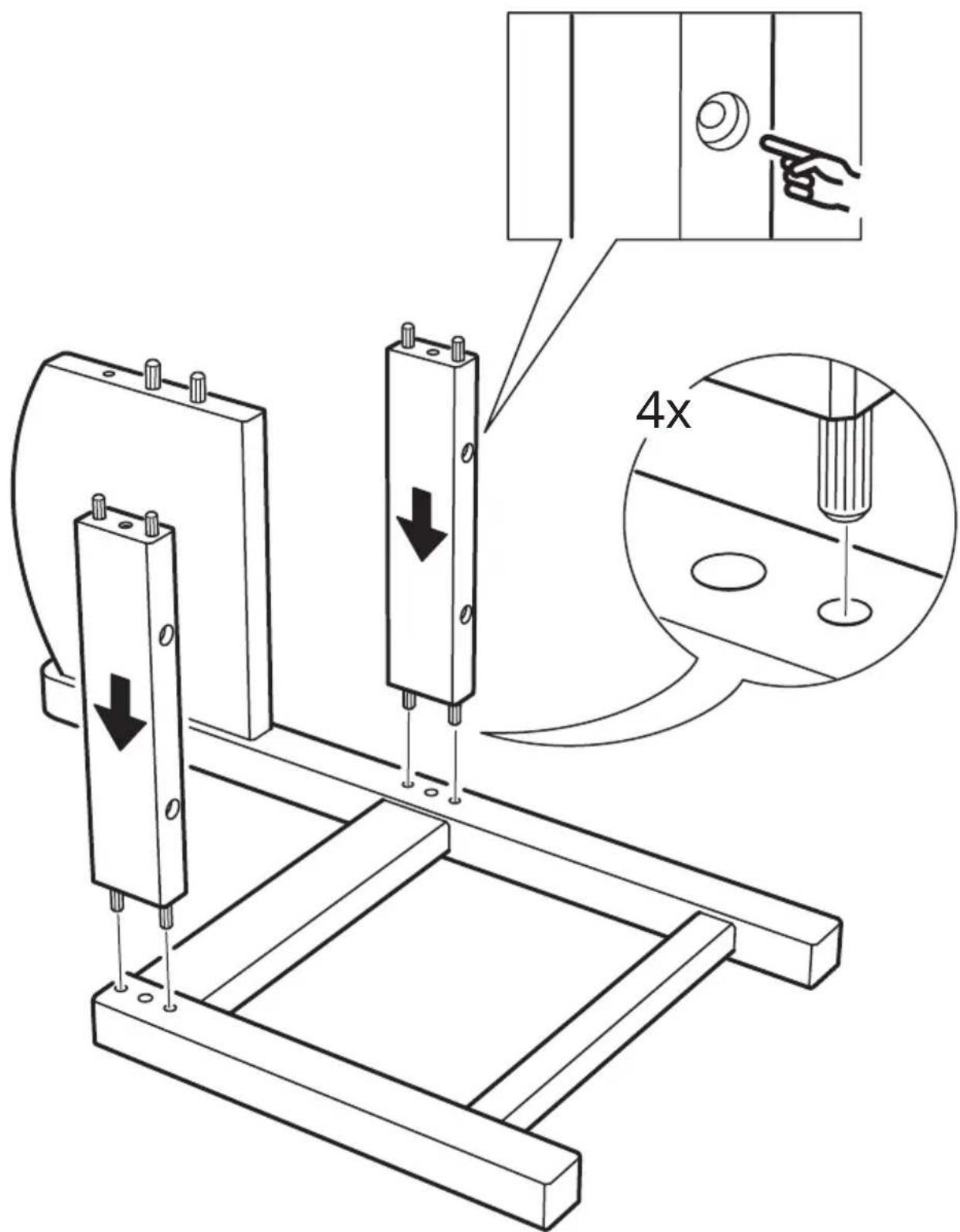 Technical diagram showing mechanical assembly with labeled components and a magnified inset highlighting a 4x ratio of thread specification.