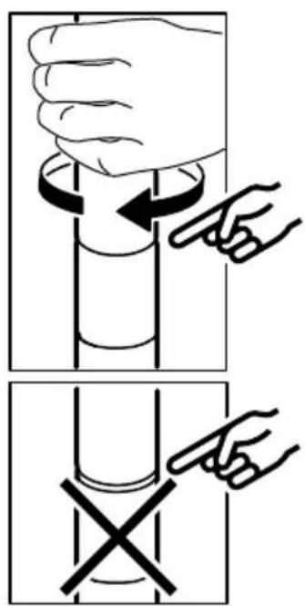 Diagram illustrating two-step mechanical or electrical process steps with hand gestures and directional arrows indicating rotation or movement.
