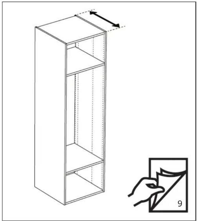 Diagram showing a 3D cabinet with an arrow indicating direction and a hand holding a square labeled '9' pointing to it.