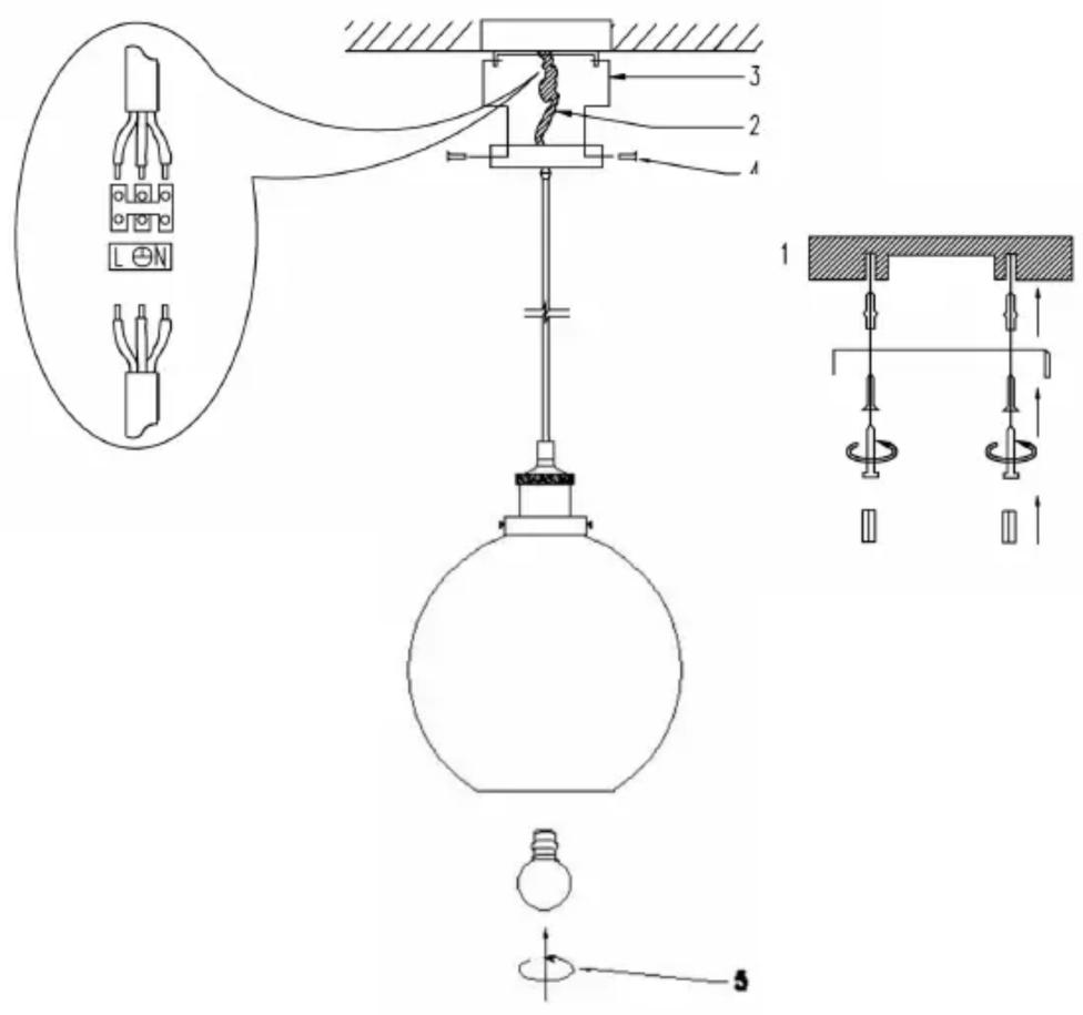 Technical diagram of a lamp installation with labeled components and wiring connections