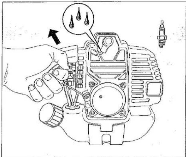 Technical diagram showing a hand using a power plug to adjust components with droplet and spark plug parts highlighted.