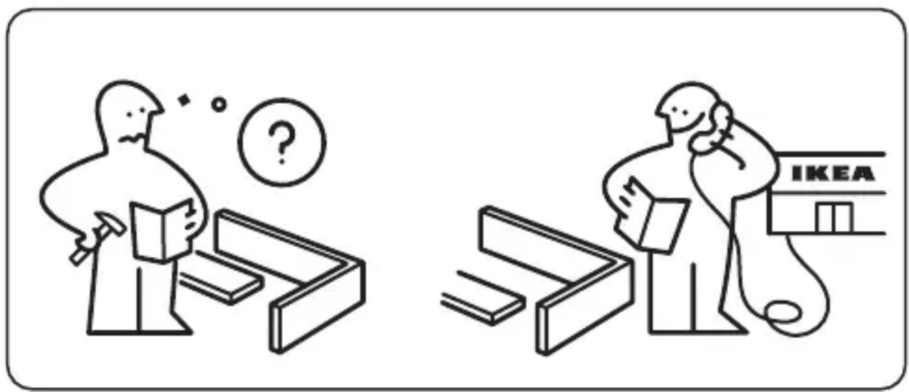 Illustration comparing two scenes: one showing a person examining a laptop with a question mark, the other showing another person examining a IKEA store with a phone.