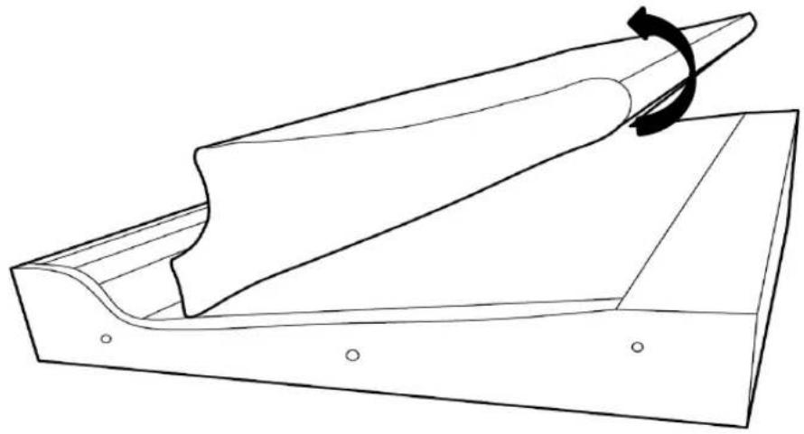 Technical line drawing of a mechanical component with a curved arrow indicating rotation (no text or symbols)