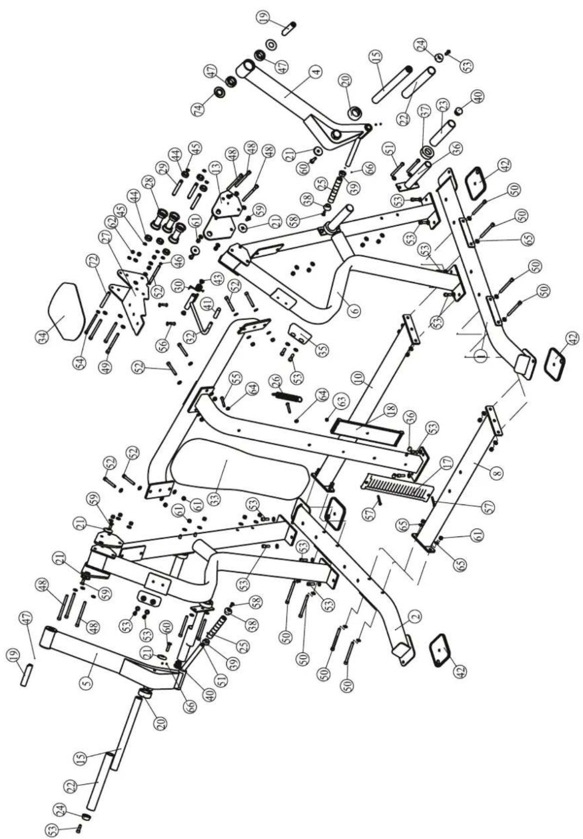 Technical diagram of a vehicle's internal components with numbered labels indicating parts of each body.