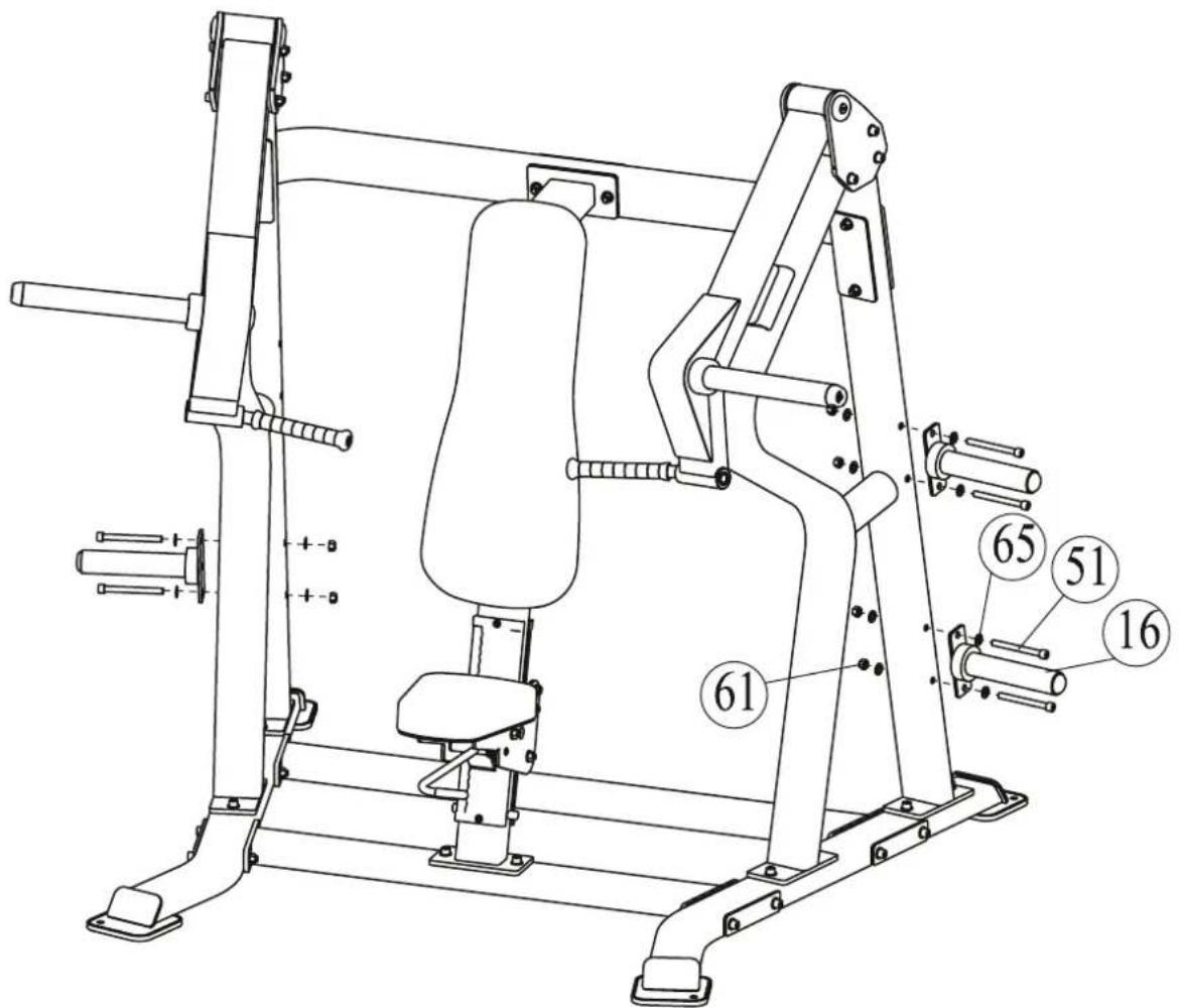 Technical line drawing of a gym machine with numbered components labeled 61, 65, 51, and 16.