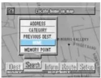 Locate home or map ADDRESS CATEGORY PREVIOUS DEST. HKEY MEMORY POINT Dest Search Inform Route Setup