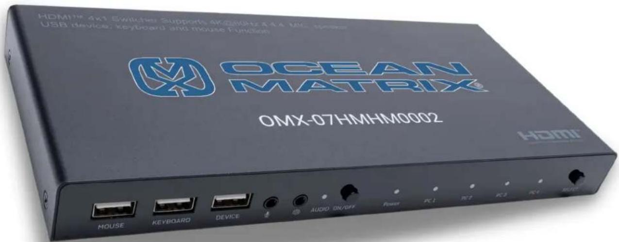 HDMI™ 4x1 Switcher Supports 4K@30Hz 4.4 MHz speaker USB device, keyboard and mouse Function OCEAN MATRIX® OMX-07HMHM0002 HOME KEYBOARD DEVICE AUDIO ON/OFF Power PC1 PC2 PC3 PC4 MUX